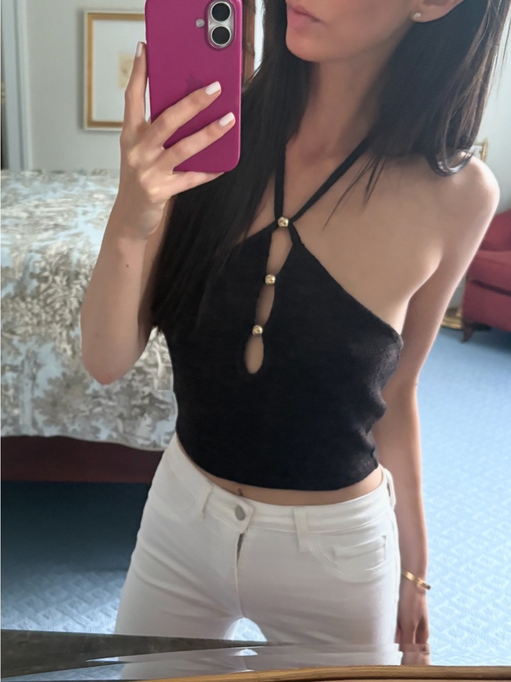 H&M Black Halter Crop Top with Gold Bead Detail worn once a little sheer